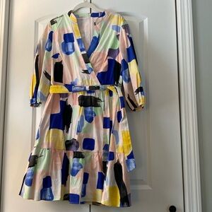 DKNY Dress Womens 10 Multi Watercolor Faux Wrap 3/4 Puff Sleeve Ruffle Mini Belt